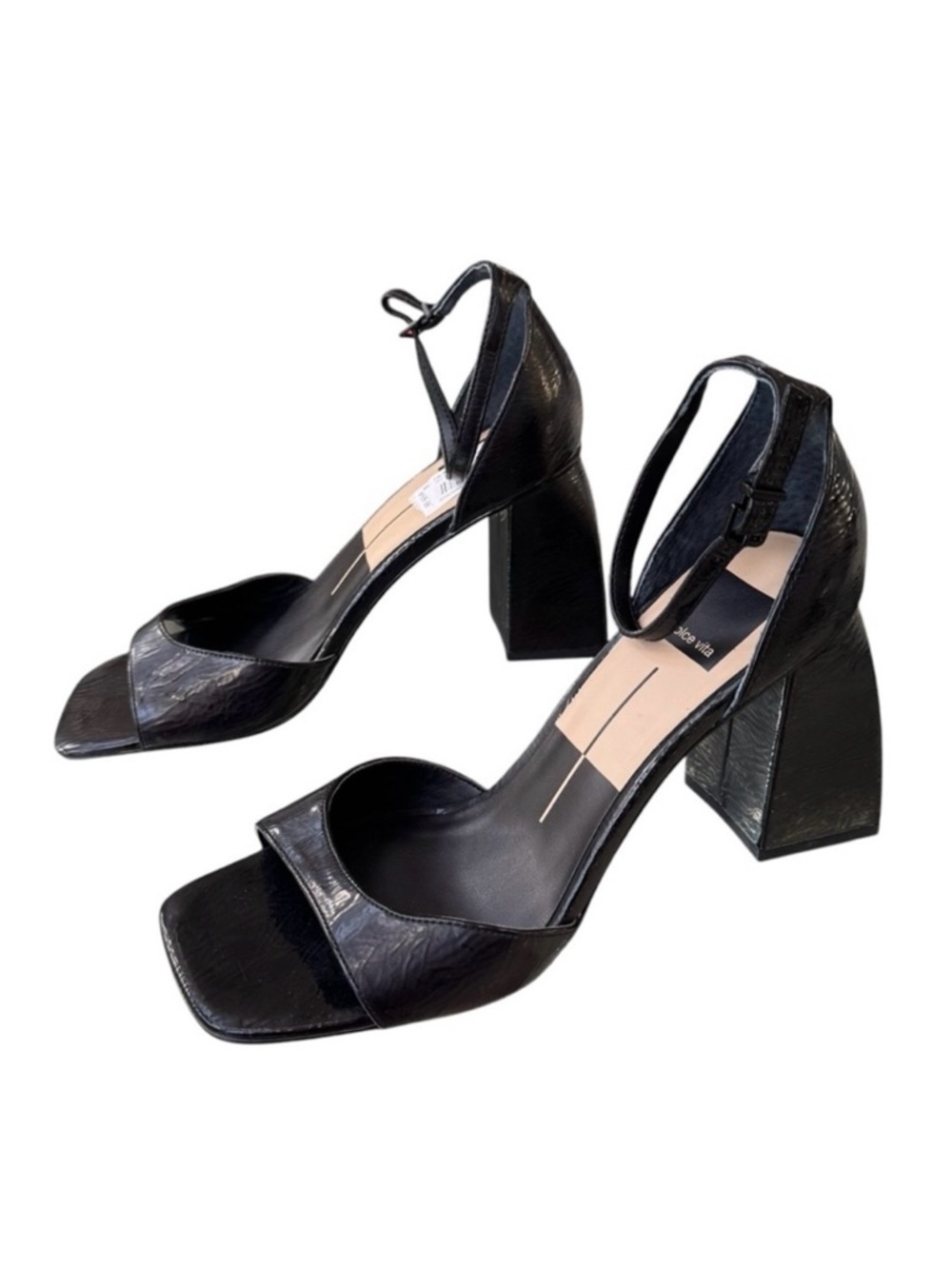 Dolce Vita Janey Ankle Strap Black Crinkle Patent Leather Chunky Heel Sandals